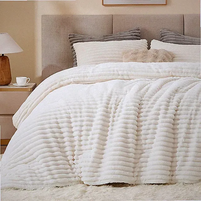 BEDELITE Fleece Queen Comforter Set -Super Soft, Warm Fluffy Cream White Bedding