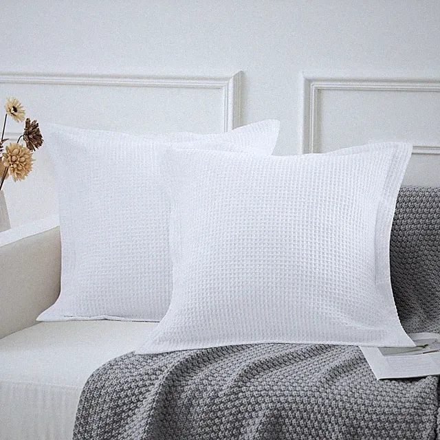 Premium Waffle Weave Euro Pillow Shams Set of 2 White 100% Organic Cotton Whi...