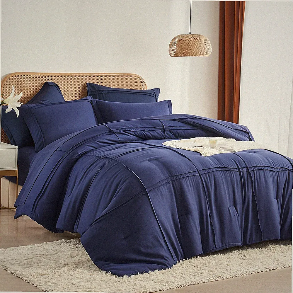 Queen Comforter Set 7 Piece Bed in a Bag,Grid Pinch Pleat Navy Blue Bedding Set